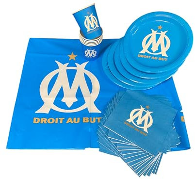 OLYMPIQUE DE MARSEILLE Pack 33 pièces Om : 1 Nappe 6 x Gobelet 6 x Assiette 20 x Serviette - Collection Officielle