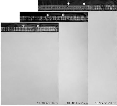 LOGIC PACK Versandtaschen Set, Plastik Versandbeutel mit Abreißstreifen – Selbsklebend, Blickdicht & Wasserdicht – Ideal für sicheren Versand - 40x50/45x55/50x60 cm - 3x10 Stück
