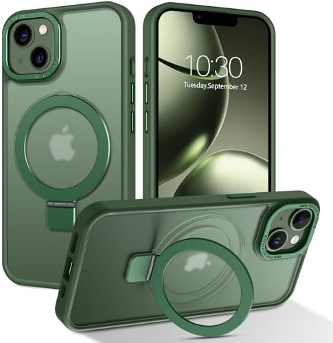 DUEDUE Magnetic Case for iPhone 13/iPhone 14 Case with Stand [Compatible with Magsafe] Invisible Ring Holder, Slim Translucent Matte Back, Military Shockproof Phone Case for iPhone 13/14 6.1, Green