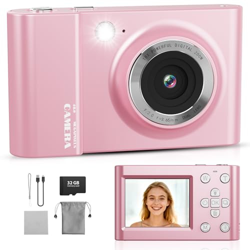 Digitalkamera 4K 64MP FHD Fotokamera für Kinder, 18X Digitalzoom Kompaktkamera mit 2,4-Zoll-Bildschirm, Anti-Verwacklung, LED-Blitz, 32GB SD Karte, Fotoapparat für Kinder Jugendliche Anfänger, Rosa