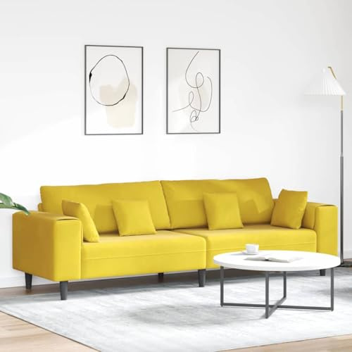 HETFTJN 4-Sitzer Samtsofa 250x77x76 cm Gelb, quadratische Armlehnen, Kegelbeine, Mid-Century, Holzwerkstoff, Living/Büro/Jugendzimmer