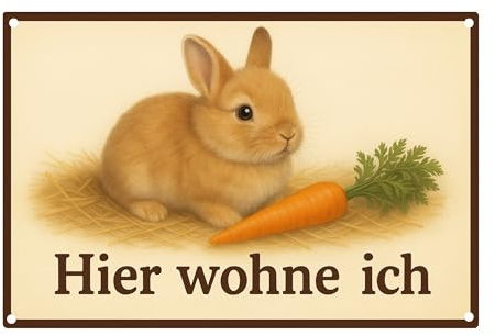 AstraDesign Blechschild „Hier wohne ich“ – Kaninchen-Motiv 20x30 cm – süßes Haustierschild in warmen Farben – ideale Deko für Haustierbereiche & Kinderzimmer