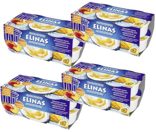 Elinas Joghurt nach griechischer Art – Pfirsich-Mango-Maracuja – 4 x 150 g – 4er Pack Cremiger Fruchtjoghurt