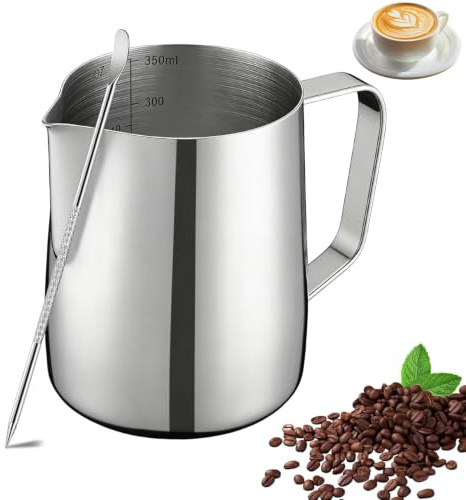 Milchkännchen - 12oz Milchkanne Edelstahl mit Messung Mark Und Latte Art Pen, Kaffee Creamer Milch Aufschäumer Kännchen Tasse für Cappuccino, Espresso,Perfekt für Kaffeeliebhabe