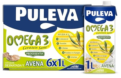 Puleva Omega 3 Leche con Avena - Pack 6 x 1Lt | Leche con Omega 3 sabor avena, ayuda al funcionamiento normal del corazón. Enriquecida con vitaminas A, D y E. Pack 6x1L.