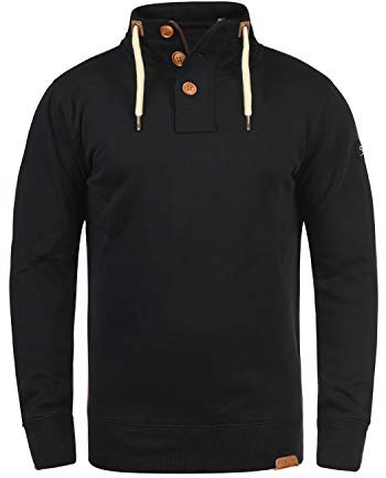 !Solid SDTripTroyer Herren Sweatshirt Troyer Pullover mit Stehkragen Knopfverschluss Reißverschluss Kordelzug Rippbündchen Baumwollmischung Regular fit, Größe:M, Farbe:Black (9000)