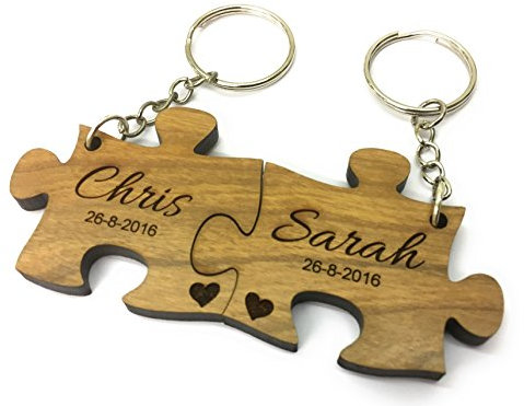 Rutherfords Gifts Solid Cherry Wood Personalised Jigsaw Keyrings for Weddings Anniversary Love Couples Gift