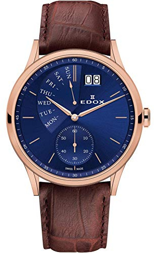 EDOX Les Vauberts Herren-Armbanduhr 42mm Armband Leder Braun Gehäuse Edelstahl Batterie 34500 37R BUIR