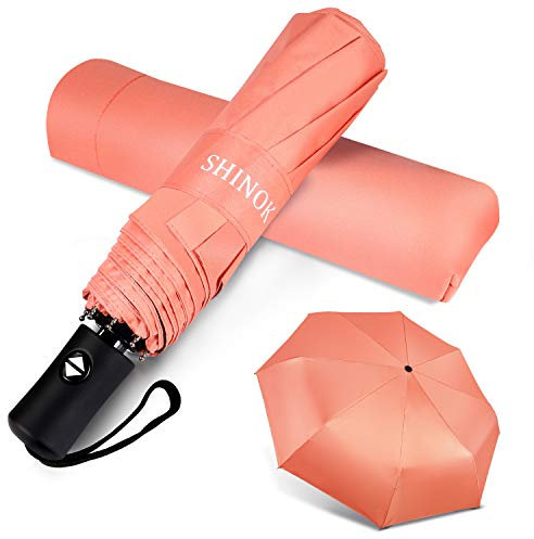 Shinok Reise-Regenschirm, kompakter Sonnenschutz für Damen, automatisches Öffnen, Schließen, tragbare Tragetasche für Geldbörse, zusammenklappbar zum Spazierengehen, Orange