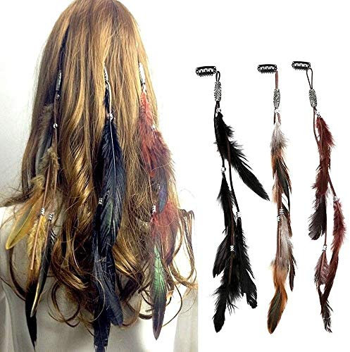 ANNIUP Lot de 3 serre-têtes à plumes style bohème hippie avec pince à plumes, peigne à cheveux pour femme et fille