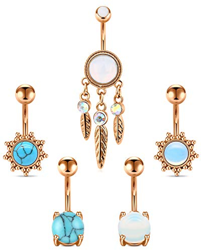 Funseedrr 5stk Bauchnabelpiercing Edelstahl 10mm 14G Piercing Bauchnabel Barbell Set mit Opal Türkis Kugel Silber Rosegold