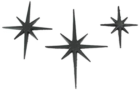 Zeckos Set mit drei schwarzen Gusseisen-Wandbehängen, 8 Spitzen, moderne Sterne, MCM-Dekorakzente, einfache Installation, ideal für Vintage-, Strand- oder nautische Themen
