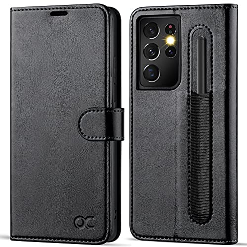 OCASE Samsung Galaxy S21 Ultra Case,PU Leather Flip Samsung S21 Ultra Retro Wallet 5G Case with S Pen Holder Shockproof Phone Cover Compatible for Samsung Galaxy S21 Ultra 6.8 Inch-Black
