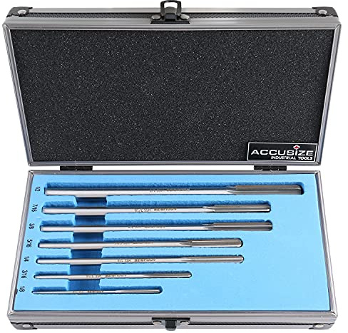 Accusize Industrial Tools Fractional Sizes 1/8 Thru 1/2 by 16th HSS M2 Premium Chucking Reamer Set, Right Hand Cut, 7pcs/Set, 5528-SH00 | HSS M2 Premium, Straight Flute, Right Hand Cut, ANSI, Aluminum Case, 5528-SH00
