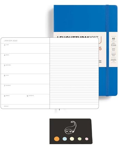 Terminplaner 2022, Französisch, A5, 1 Woche auf einer Seite mit Noten + Blumie Index (Denim)