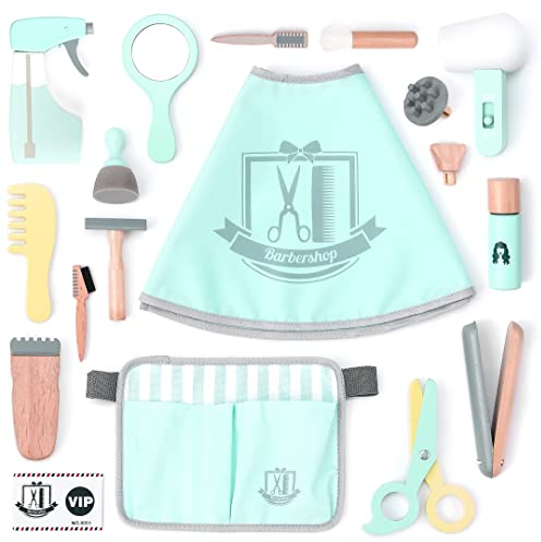 UMU® Kinder Holz Friseur Spielset mit Tasche für Friseurwerkzeuge inkl. Friseurumhang, Schere, Haarglätter, Spiegel u. v. m., 18 Stk Set, Spielzeug zum Rollenspiel, Frisierkoffer für 3, 4, 5 Jahre alt