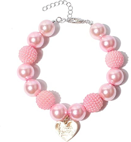 RayMinsino Niedlicher Teddy Hund Perlenkette Rosa Herz Anhänger Haustierhalsbänder Hundebekleidungszubehör Kleine und mittelgroße Hundehalsbänder (9,8-12,6 Zoll)