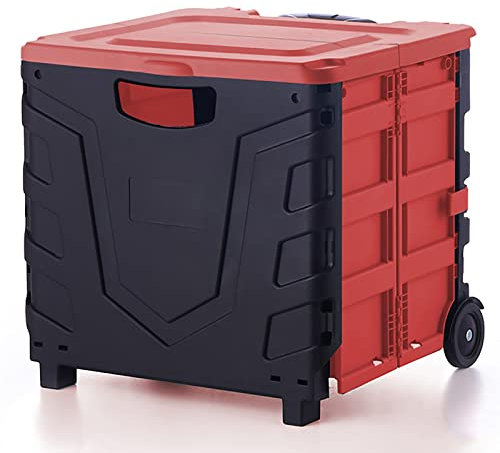 GHQBDMG Pliable Chariot Utilitaire, Pliant Portable Caisse en Plastique, Poignée Charrette avec Couvercle, Boîte de Chariot Mobile pour Faire du Shopping, Bureau, Voyage (Rouge)
