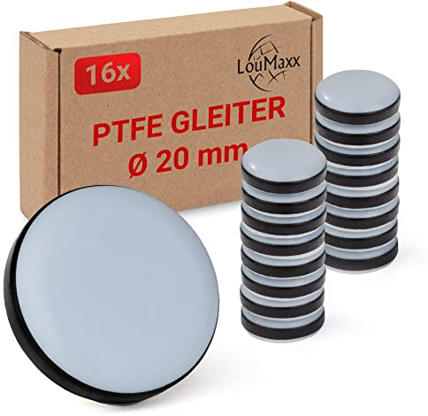LouMaxx Feltrini in Teflon Autoadesivi per Mobili, Ø 20 mm, in PTFE Altamente Scorrevole - Set di 16 per Sedie e Bimby