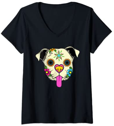 Damen Sugar Skull Englische Bulldogge Hundebekleidung, Tag der Toten T-Shirt mit V-Ausschnitt