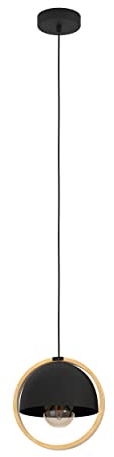 EGLO Hängelampe Callow, Pendelleuchte Esstisch 1-flammig, Esszimmerlampe aus Metall in Schwarz mit Ring aus Holz in Natur, FSCM70HB, Hängeleuchte mit E27 Fassung