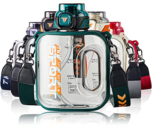 TKK 32oz Sport Water Bottle with Straw - Large Capacity Plastic Water Bottle Jug - Dishwasher Safe 1L BPA Free Tritan for Gym Yoga Travel Camping Outdoor Green Teal