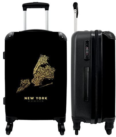 NoBoringSuitcases.com® Koffer groß Trolley Rollkoffer Reisekoffer mit 4 Rollen Fotokoffer - New York - Stadtplan - Karte - Gold - Grundriss - 67x43x25cm - 90 Liter
