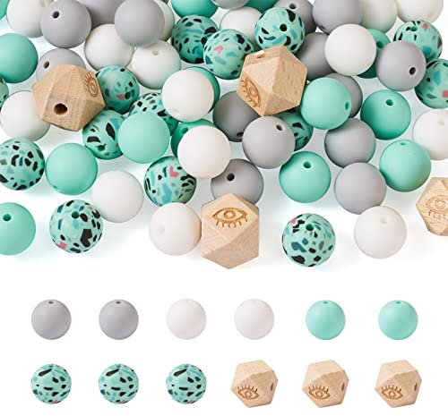 Craftdady Lot de 65 perles rondes en silicone de 15 mm à grand trou - Vert menthe - Perles en caoutchouc souple octogonales européennes pour bracelet, porte-clés - Décoration