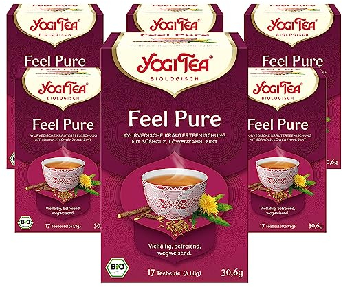 Yogi Tea Feel Pure, Ayurvedischer Bio Gewürzteevon Natur aus Koffeinfrei, Gewürzmischung aus Süßholz, Löwenzahn und Zimt, 6x17 Beutel (102 Teebeutel insgesamt)