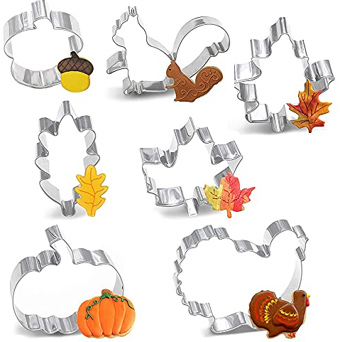 Ausstechformen-Set für Herbst-Plätzchen, große Keksformen aus Edelstahl mit Kürbis, Eichhörnchen, Truthahn, Ahornblatt, Eichelblatt, für Herbstschokolade, Kuchendekoration, 7-teilig