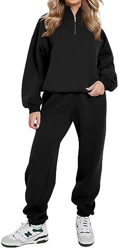 REORIA Damen Weich Baumwolle Hausanzug Dick Freizeitanzug Warm Trainingsanzug Jogginganzug Set halbem Reißverschluss Tracksuits mit Fleece-Futter Schwarz S