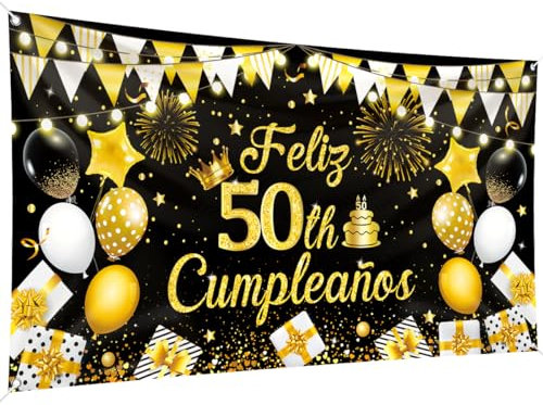 Pancarta fondo Feliz 50th Cumpleaños 200 x 110 cm, tamaño grande, pancarta feliz cumpleaños, pancarta fondo negro y dorado, suministros decoración fiesta cumpleaños, celebración fiesta cumpleaños