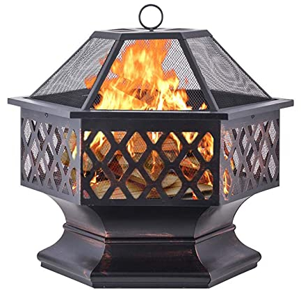 Sechseckige Feuerstelle aus Stahl, Feuerschale für Garten und Terrasse, Gartenfeuerstelle im Freien mit Netzabdeckung
