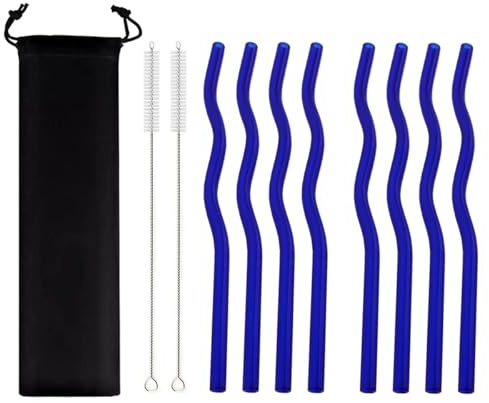 JASHII Dark Blue Wavy Glass Straws 8pcs 7.87 x 0.31 Reusable Glass Drinking Straws with Black Pouch, Multicolor for Drinking Beverages Coffee Milk Tea