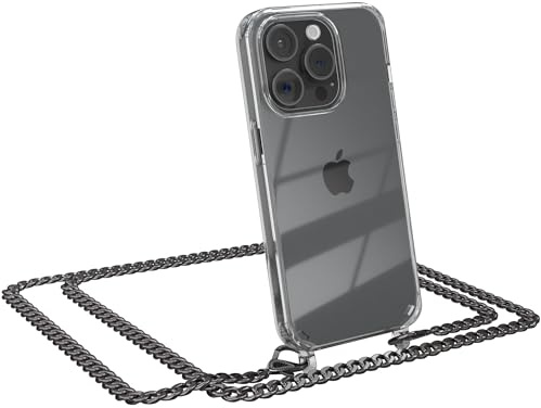 EAZY CASE Handykette kompatibel mit iPhone 15 Pro Handyhülle mit Metall Umhängeband und Ersatz Kordel schwarz, Handykordel mit Schutzhülle, Stylische Kette, Metall - Anthrazit