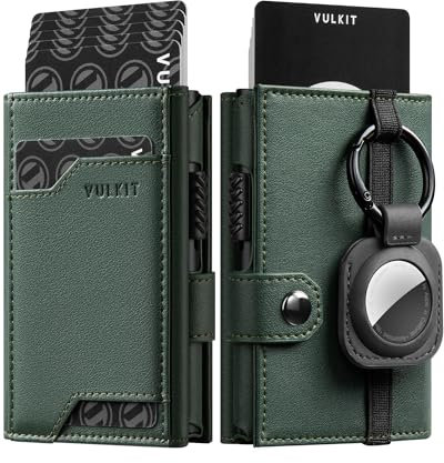 VULKIT Portafoglio Uomo Porta Carte di Credito Schermato RFID con Scomparto Banconote e Finestra ID e Portachiavi Rimovibile Compatibile con AirTag, Napa Verde