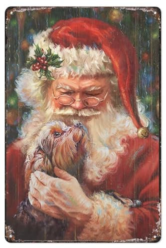 Plaque en métal vintage Yorkshire Terrier, dessin de chien, Père Noël, décoration de Noël, panneau rétro en aluminium pour toilettes, maison, café, bar, pub, club, 20,3 x 30,5 cm