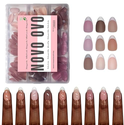 NOVO OVO Lot de 270 faux ongles à presser avec pointe française - Mélange de 9 couleurs - Gel acrylique souple - Couche de base et couche de base - Couverture complète - 15 tailles