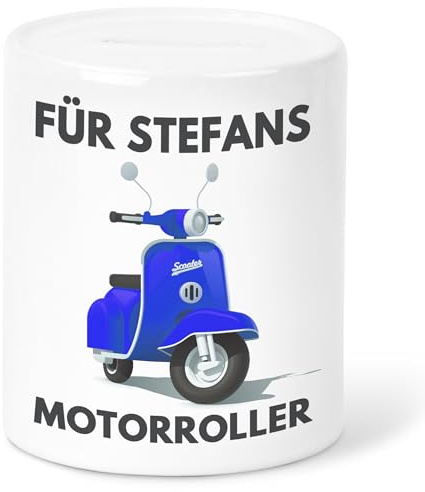 Motorroller Spardose Roller personalisiert Geldgeschenk Verpackung für Mädchen & Jungen Sparkasse Geschenk Sparbüchse Sparschwein aus Keramik (Blau)