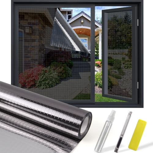 UIOK Vinilos para Cristales, Vinilo Adhesivo Cristal A Cuadros Negro y Gris Vinilo para Ventanas, Vinilo Ventana Privacidad Unidireccional Protector 44.5x400cm Anti 99% UV Lámina Solar para Hogar