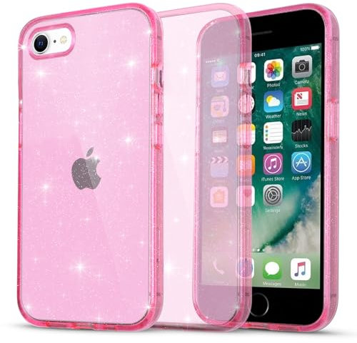 Xylota Cover Glitter per iPhone 8/7/SE 2020 2nd/SE 2022 3rd Generation 4.7,Rosa Trasparente Custodia per Cellulari con Brillantini Disegni,TPU Antiurto Protezione Clear Cover per iPhone8,Bling Rosa