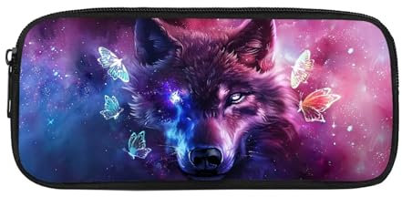 NETILGEN Federmäppchen für Schule, Kinder, Teenager, Jungen, Mädchen - Schreibwaren, Radiergummis, Make-Up-Etui - Wolf Schmetterling Design