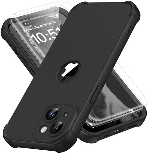 ORETECH für iPhone 15 Hülle, mit 2 Stück Schutzfolie, 360 Grad Ganzkörper Stoßfest Kratzfest Silikon Handyhülle für iPhone 15 6,1 Zoll,Schwarz