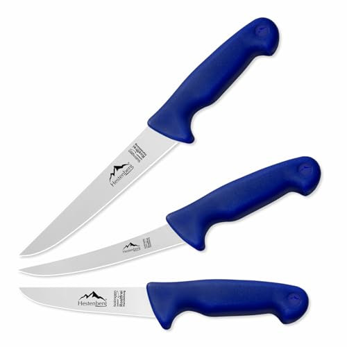 HESTENBERG Solingen Germany 3-Teiliges Profi Metzgermesser Set 1910, geeignet als Schlachtmesser & Fleischmesser (Blau)