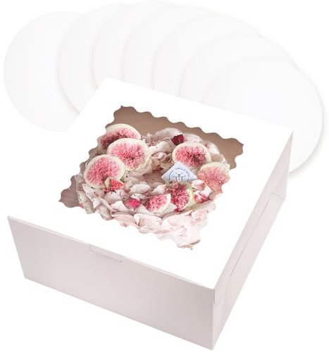 Gcardist - Set di 5 scatole per torte con finestra e 5 sottotorta rotondi da 25,4 cm, contenitori per torte (25,4 x 25,4 x 12,7 cm, bianco)