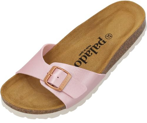 Palado Pantoletten Damen Malta Metallic – gefertigt in Spanien – weiche Veloursleder-Decksohle – robuste EVA-Sohle – edles Metallic-Design Rosa UK9 - EU42