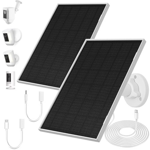 2 Pack Ring Solar Panels Charger, 6.5W Solar Panels Supply for Security Camera, Waterproof Solar Panel Charger with Type-C, Micro USB and DC Port, 360°Adjustable Mounting