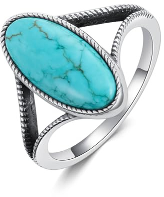 DOLIOX Große authentische Türkis-Ringe für Damen, 925er-Sterlingsilber, echter Indianer-Schmuck, Vintage, Boho-Stil, ovale Ringe für Mutter und Ehefrau