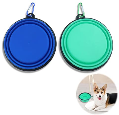 2 Pack Dog Collapsible Bowl, Large Dog Bowl, Travel Dog Water Bowl with Upgraded Carabiner, One-piece Molded Rim No Fall Off or Crack (Green + Blue)
