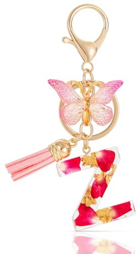 MWOOT Letter Keychains Initiale Porte Clef Lettre Z,Alphabet Initial Keyring avec Papillon Pendentif,Rose Pétales Feuille D'or Key Ring pour Femmes Filles Portefeuilles Sac à Main Charme (Z)